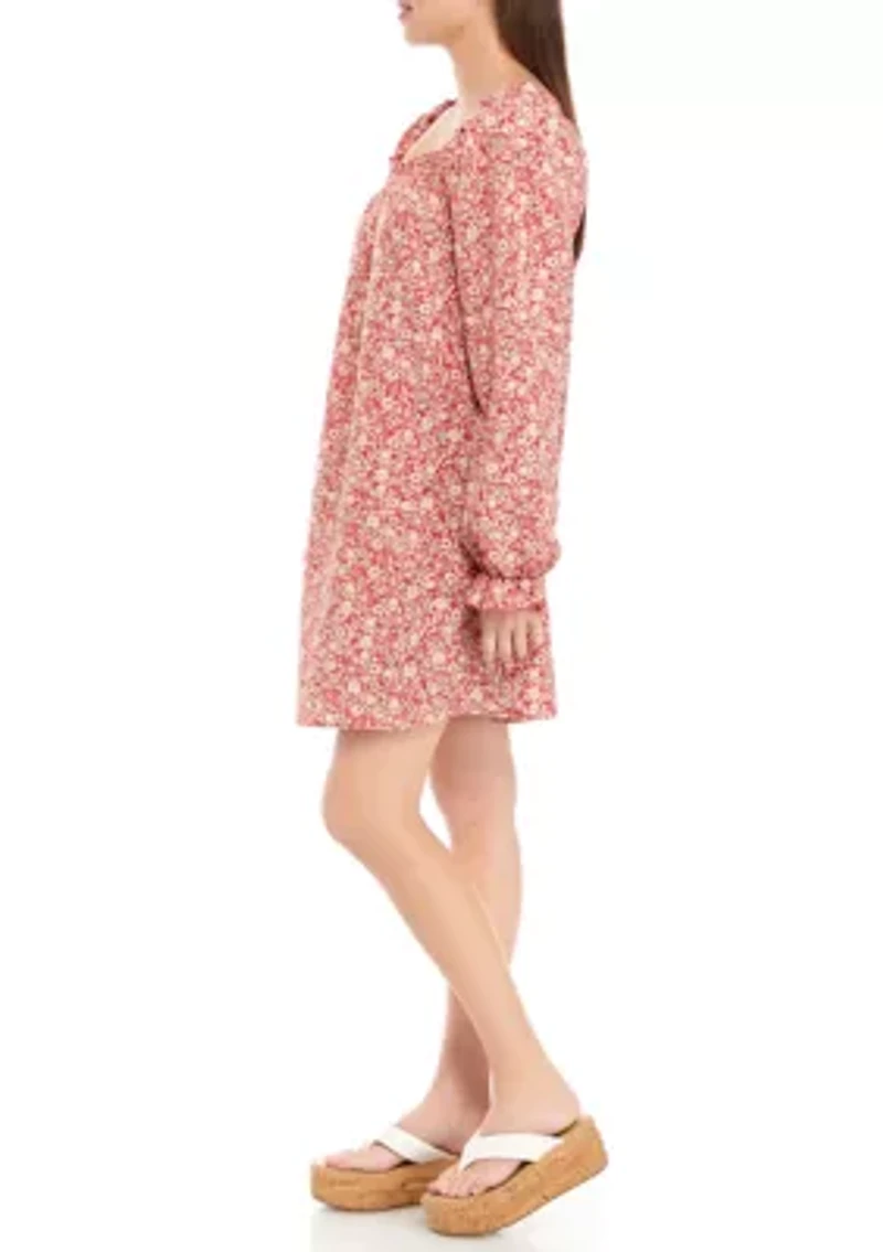Juniors' Long Sleeve Smocked Square Neck Dress