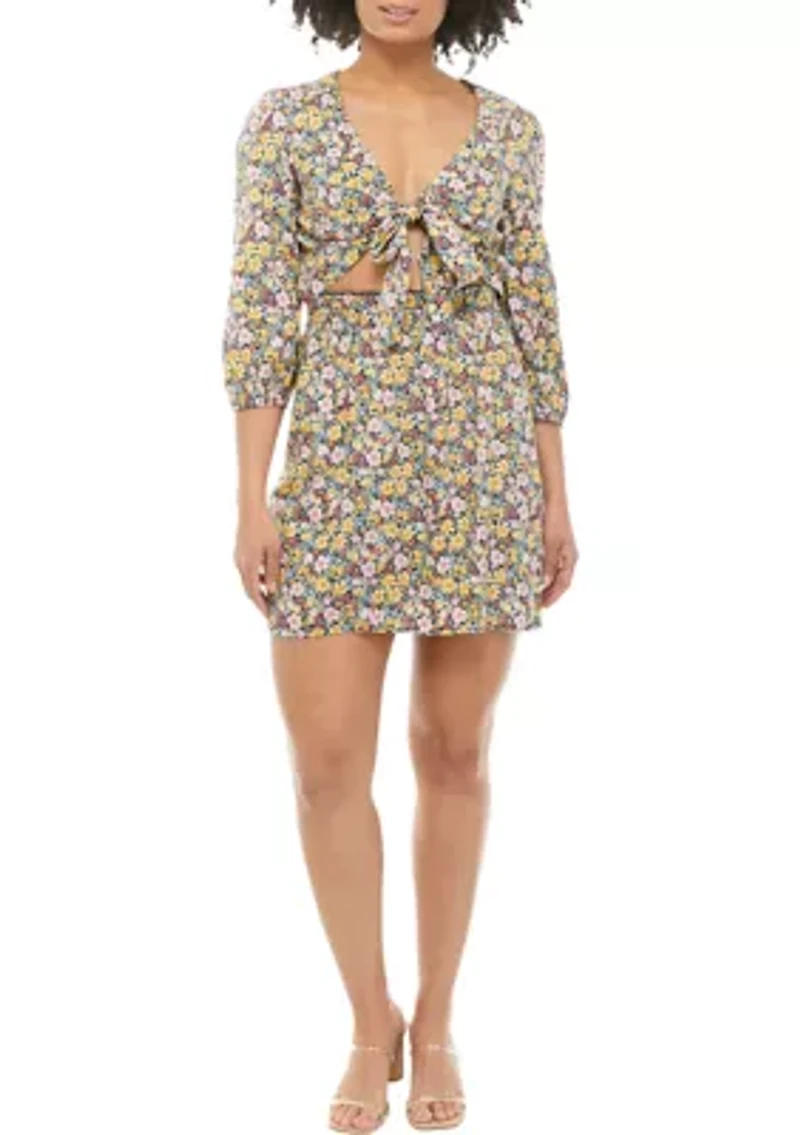 Juniors' 3/4 Sleeve Tie Front Smocked Waist Dress