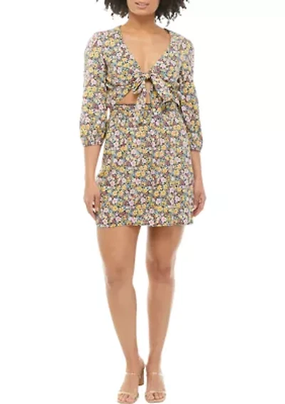 Juniors' 3/4 Sleeve Tie Front Smocked Waist Dress