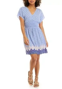 Juniors' Short Sleeve V-Neck Smocked Skater Dress