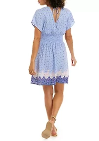 Juniors' Short Sleeve V-Neck Smocked Skater Dress