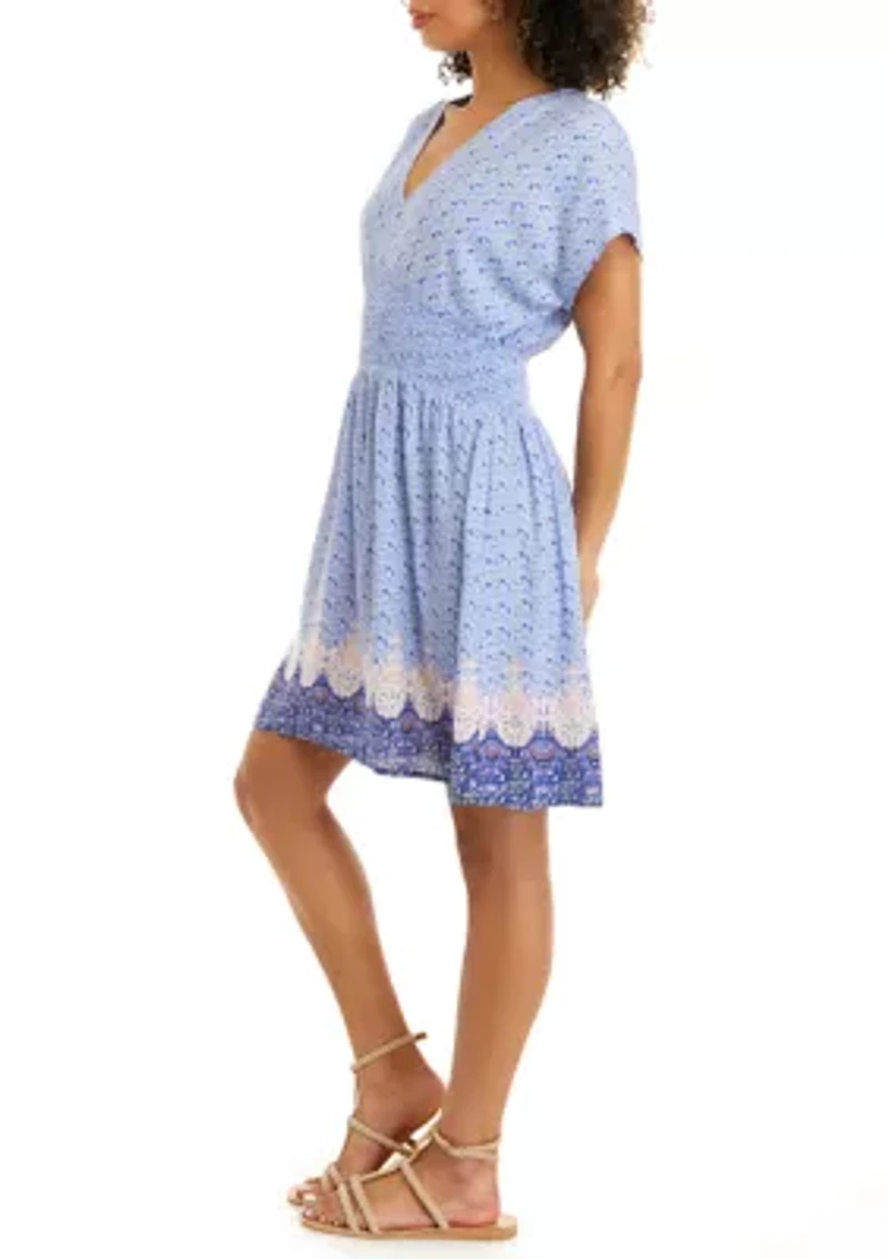 Juniors' Short Sleeve V-Neck Smocked Skater Dress