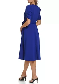 Women's Puff Sleeve Round Neck Tie Waist Solid Midi Dress