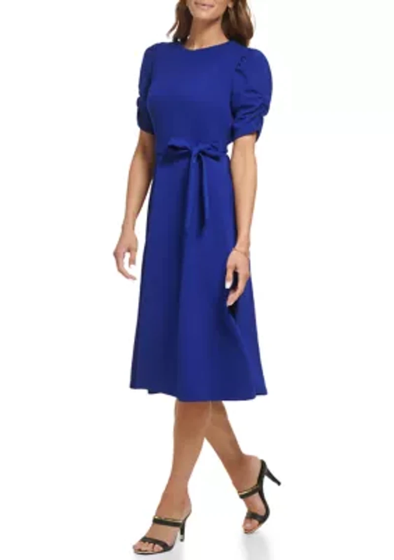 Women's Puff Sleeve Round Neck Tie Waist Solid Midi Dress