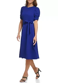 Women's Puff Sleeve Round Neck Tie Waist Solid Midi Dress