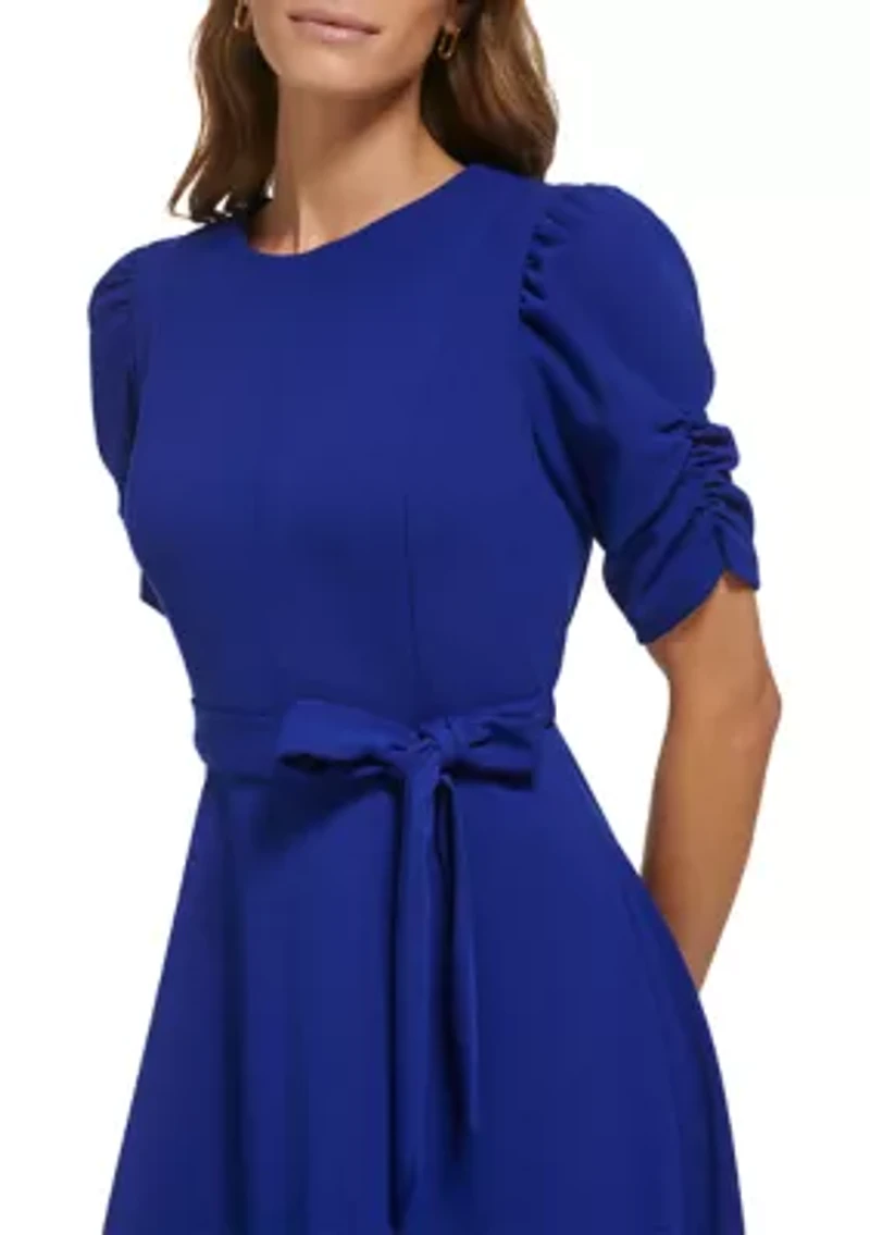 Women's Puff Sleeve Round Neck Tie Waist Solid Midi Dress
