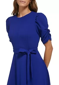 Women's Puff Sleeve Round Neck Tie Waist Solid Midi Dress
