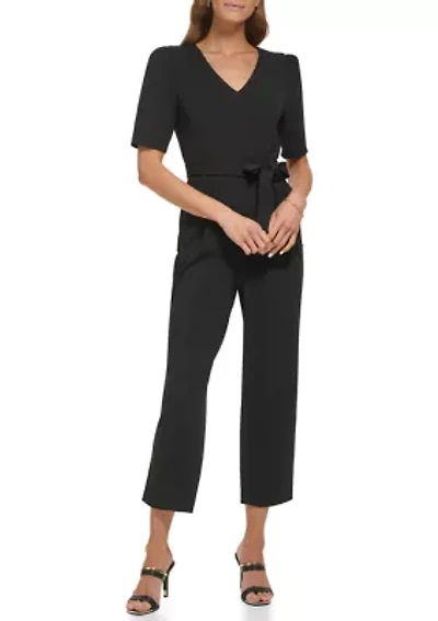Women's Short Sleeve V-Neck Solid Slim Jumpsuit