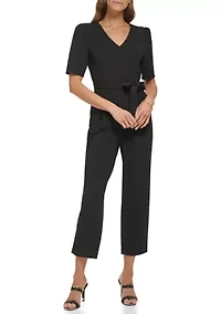 Women's Short Sleeve V-Neck Solid Slim Jumpsuit