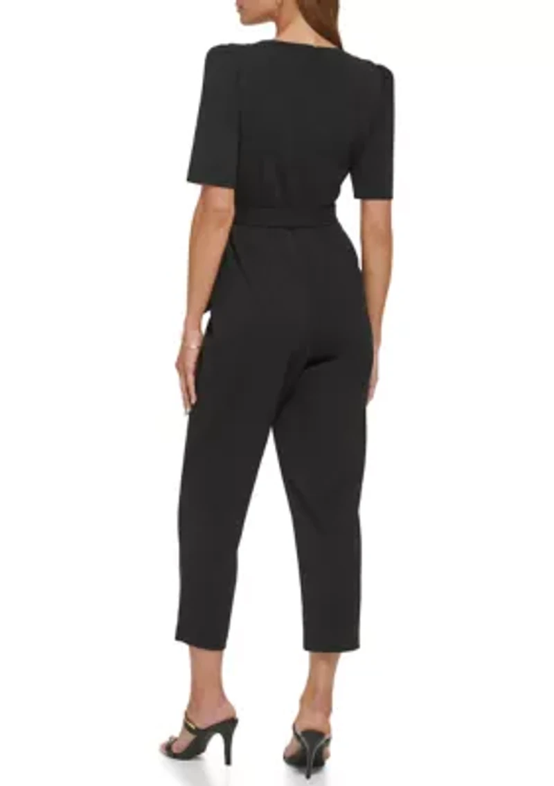 Women's Short Sleeve V-Neck Solid Slim Jumpsuit