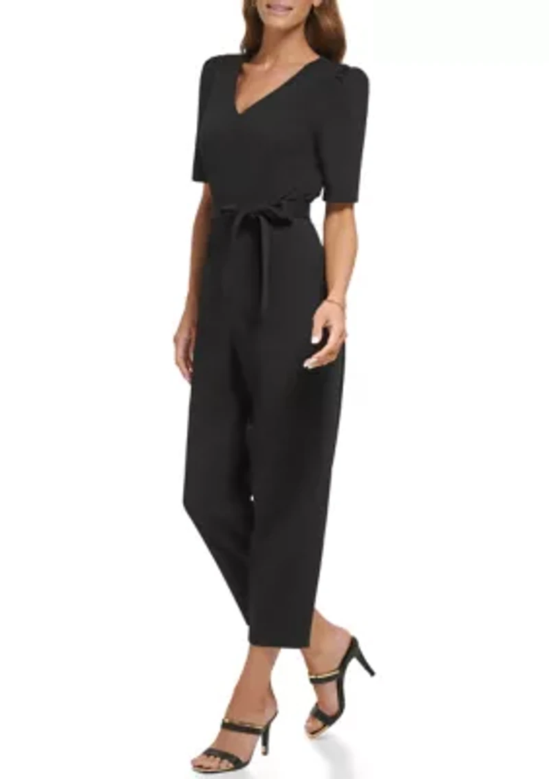 Women's Short Sleeve V-Neck Solid Slim Jumpsuit