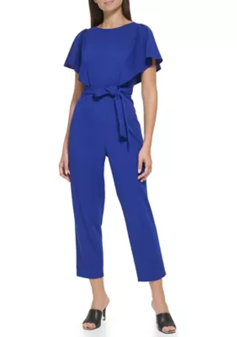 Women's Flutter Sleeve Tie Waisted Cropped Jumpsuit