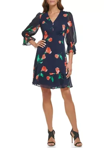 Women's 3/4 Sleeve V-Neck Floral Print Fit and Flare Dress