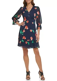 Women's 3/4 Sleeve V-Neck Floral Print Fit and Flare Dress
