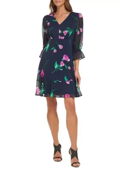 Women's 3/4 Sleeve V-Neck Floral Print Fit and Flare Dress