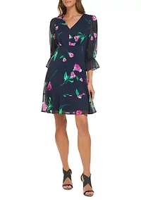 Women's 3/4 Sleeve V-Neck Floral Print Fit and Flare Dress