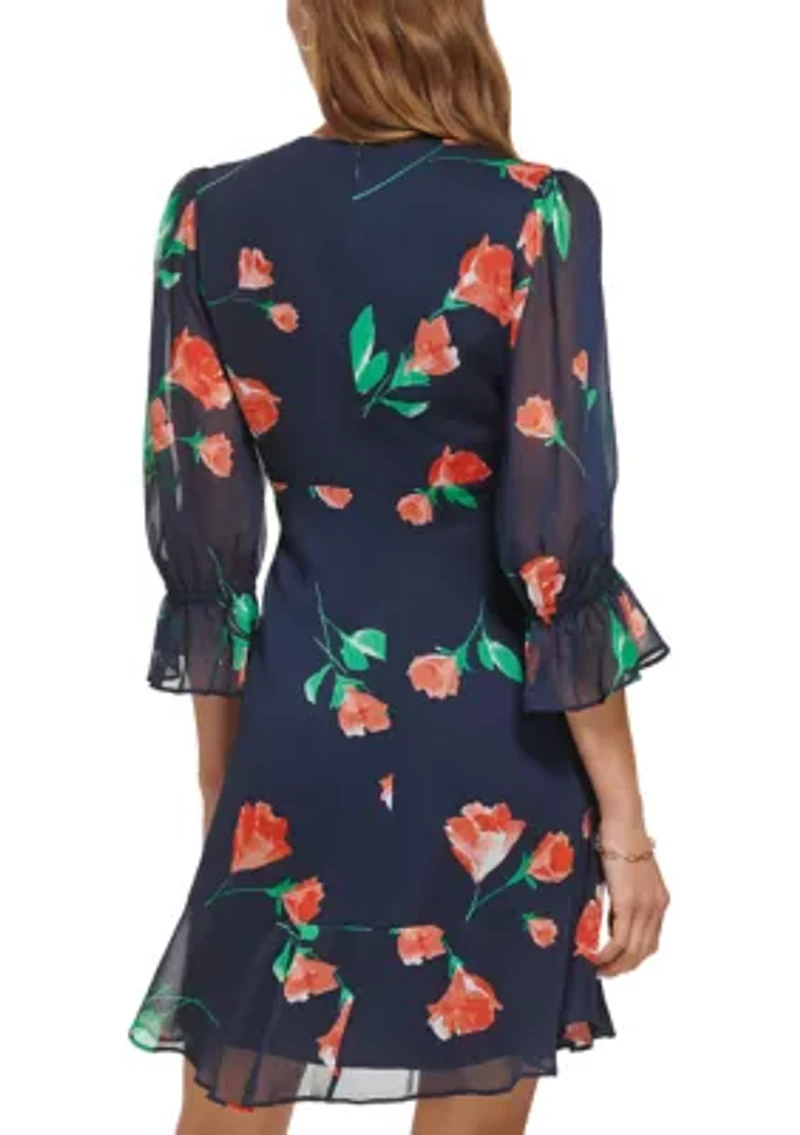 Women's 3/4 Sleeve V-Neck Floral Print Fit and Flare Dress