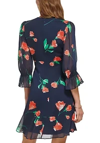Women's 3/4 Sleeve V-Neck Floral Print Fit and Flare Dress