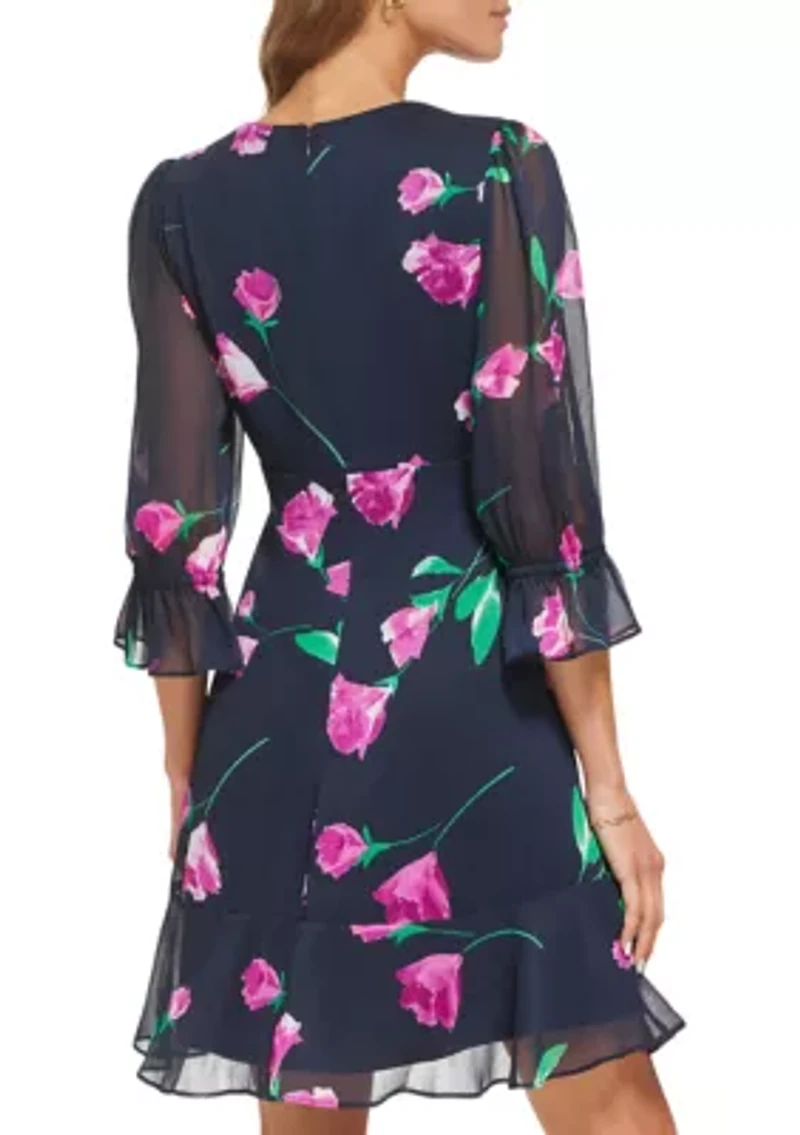 Women's 3/4 Sleeve V-Neck Floral Print Fit and Flare Dress