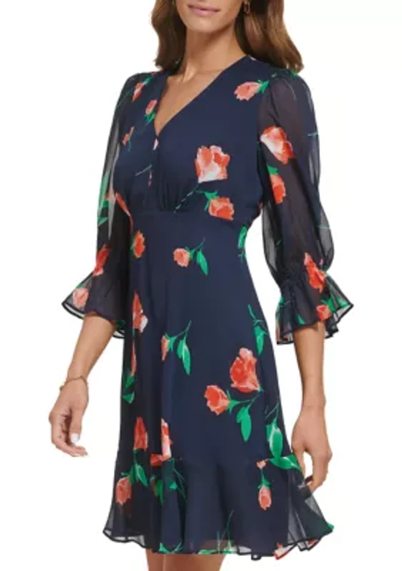 Women's 3/4 Sleeve V-Neck Floral Print Fit and Flare Dress