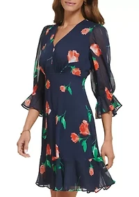 Women's 3/4 Sleeve V-Neck Floral Print Fit and Flare Dress