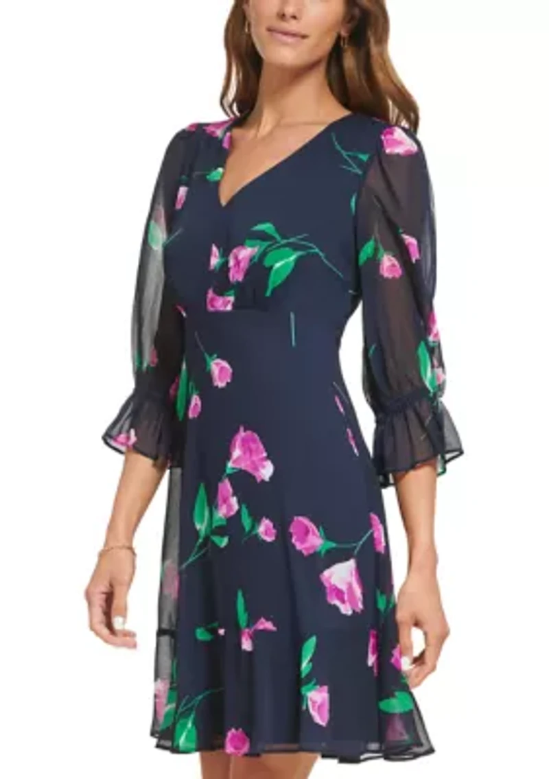 Women's 3/4 Sleeve V-Neck Floral Print Fit and Flare Dress