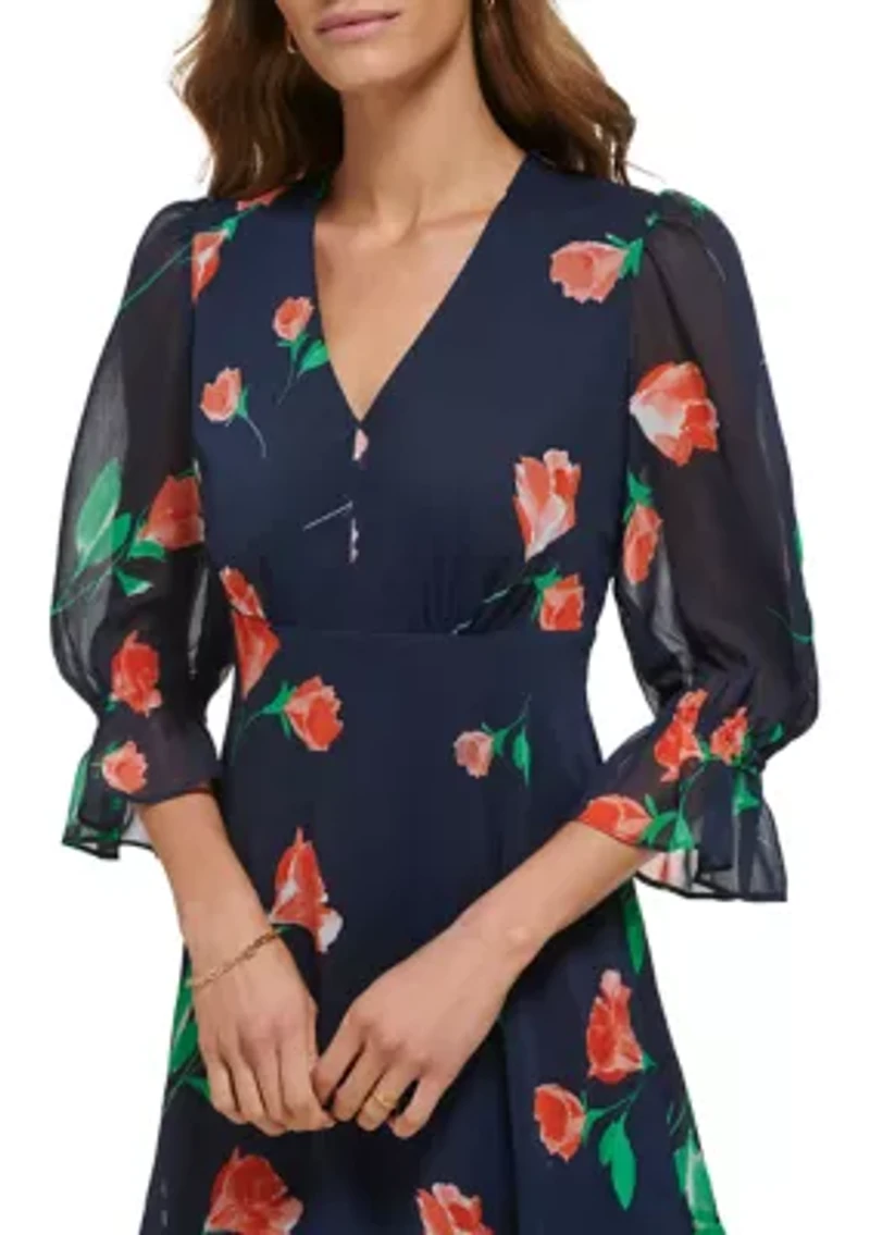 Women's 3/4 Sleeve V-Neck Floral Print Fit and Flare Dress