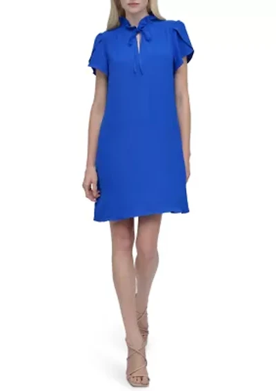 Women's Short Sleeve Ruffle Neck Solid Chiffon Shift Dress