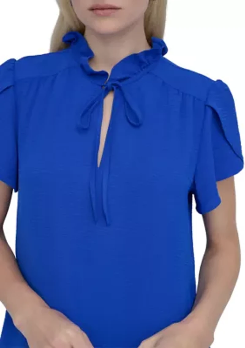 Women's Short Sleeve Ruffle Neck Solid Chiffon Shift Dress