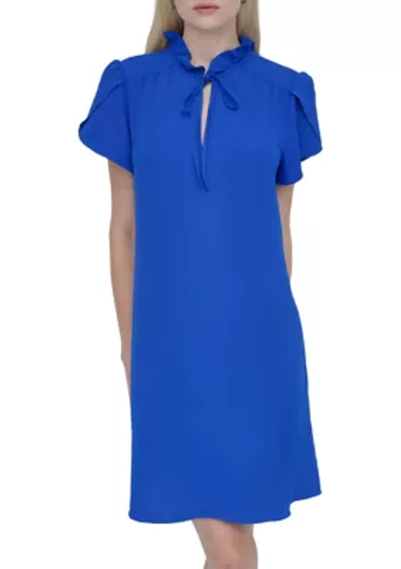 Women's Short Sleeve Ruffle Neck Solid Chiffon Shift Dress