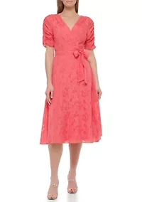 Women's Short Sleeve V-Neck Tie Waist Solid Chiffon Fit and Flare Dress