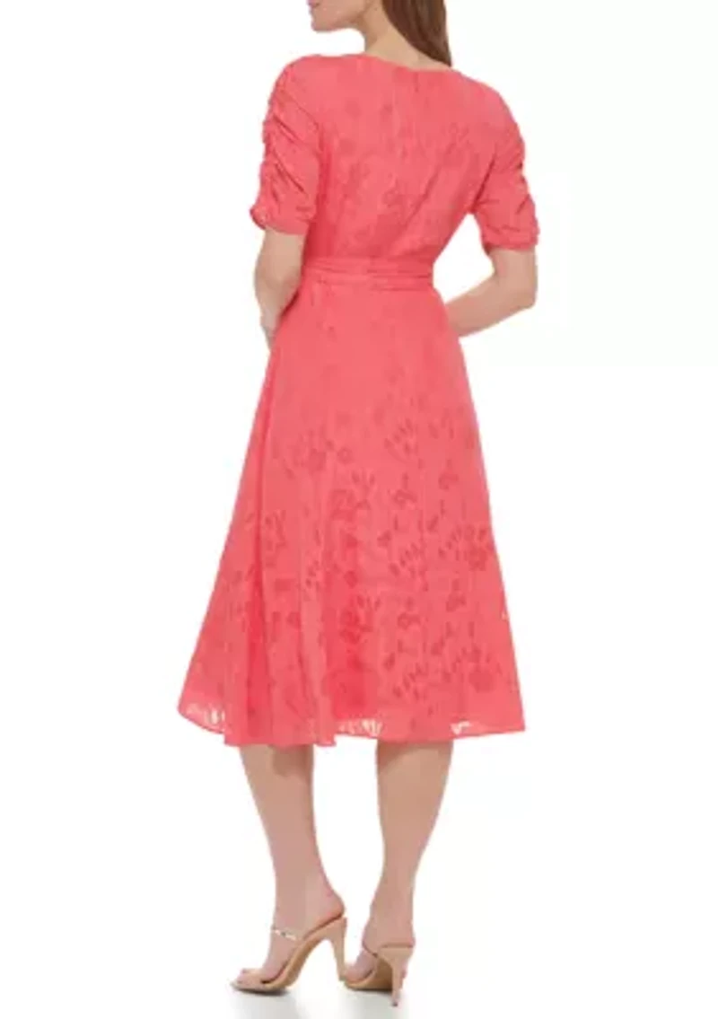 Women's Short Sleeve V-Neck Tie Waist Solid Chiffon Fit and Flare Dress