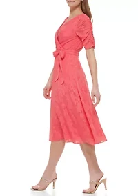 Women's Short Sleeve V-Neck Tie Waist Solid Chiffon Fit and Flare Dress