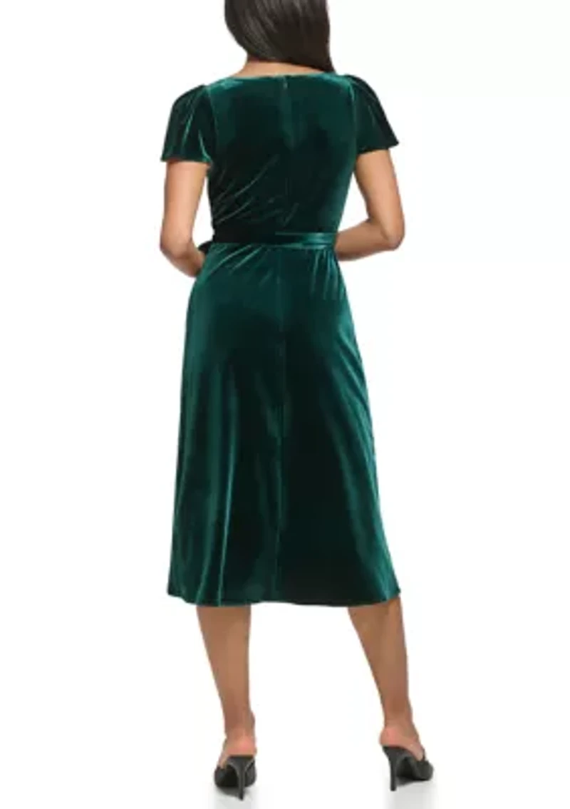 Women's Flutter Sleeve Tie Waist Velvet Fit and Flare Dress