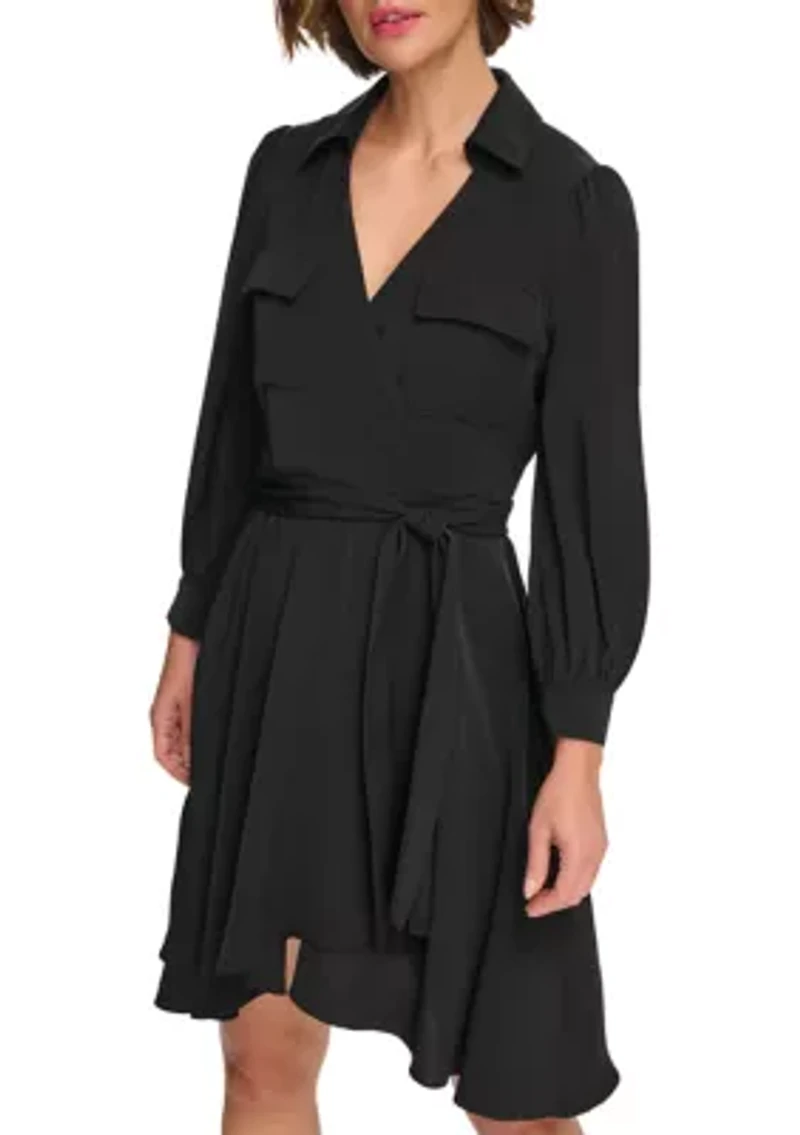 Women's Long Sleeve Collar Solid Fit and Flare Dress with Pockets