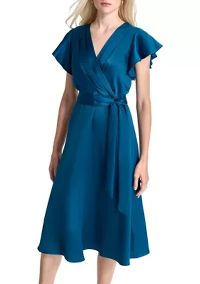 Women's Short Sleeve V-Neck Solid Wrap A-Line Dress