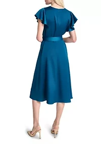 Women's Short Sleeve V-Neck Solid Wrap A-Line Dress