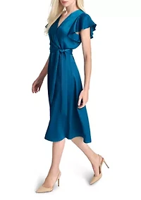 Women's Short Sleeve V-Neck Solid Wrap A-Line Dress