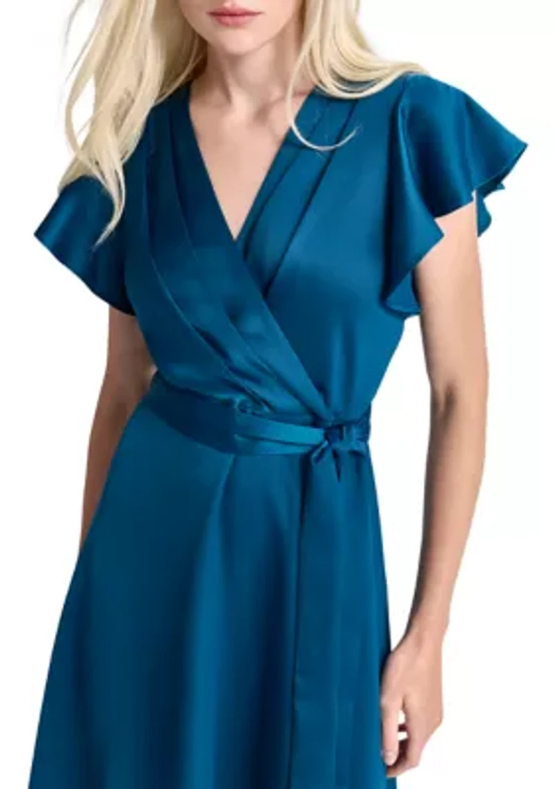 Women's Short Sleeve V-Neck Solid Wrap A-Line Dress