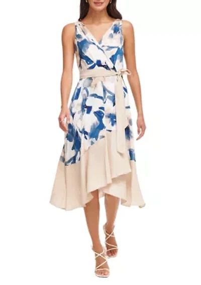 Women's Sleeveless V-Neck Floral Print Tie Waist Ruffle Trim Fit and Flare Dress