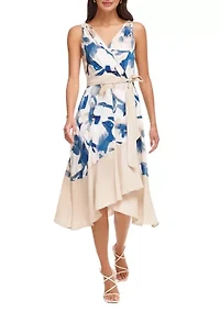 Women's Sleeveless V-Neck Floral Print Tie Waist Ruffle Trim Fit and Flare Dress