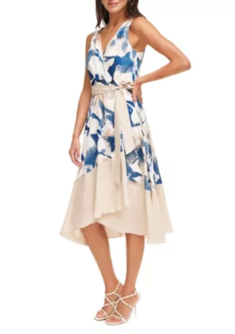 Women's Sleeveless V-Neck Floral Print Tie Waist Ruffle Trim Fit and Flare Dress