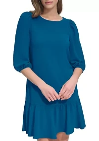 Women's 3/4 Sleeve Crew Neck Solid A-Line Dress