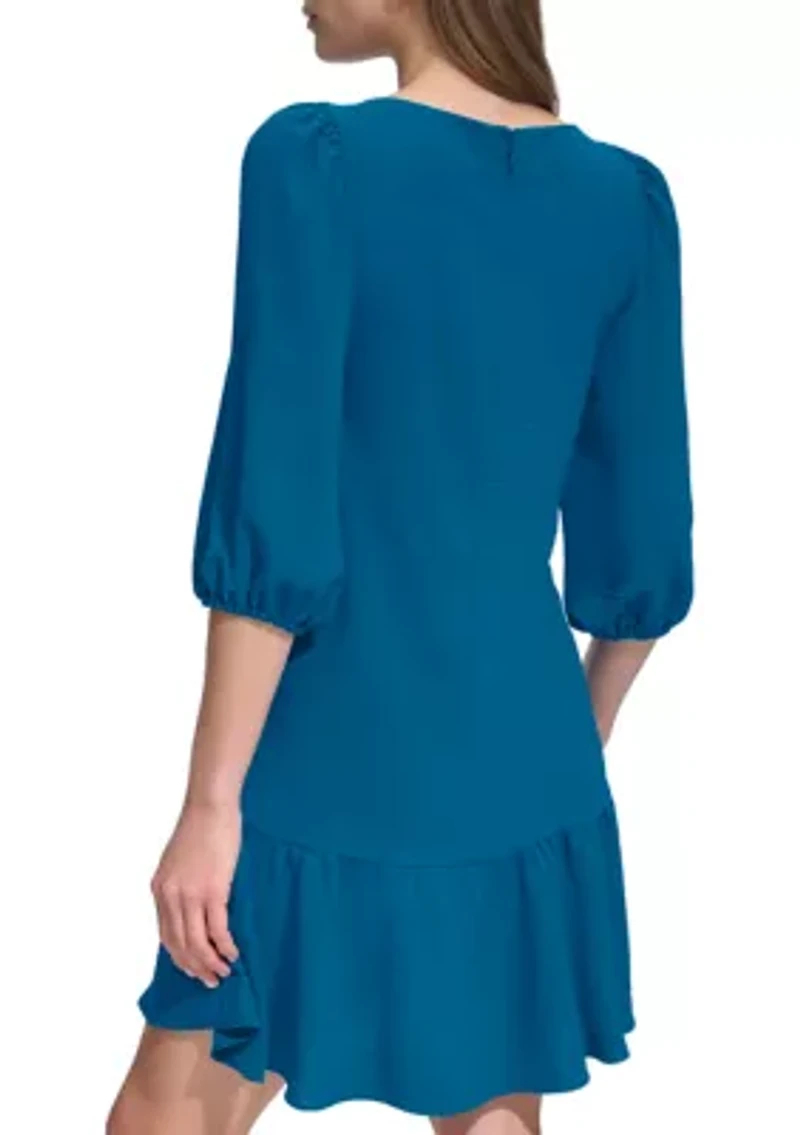 Women's 3/4 Sleeve Crew Neck Solid A-Line Dress