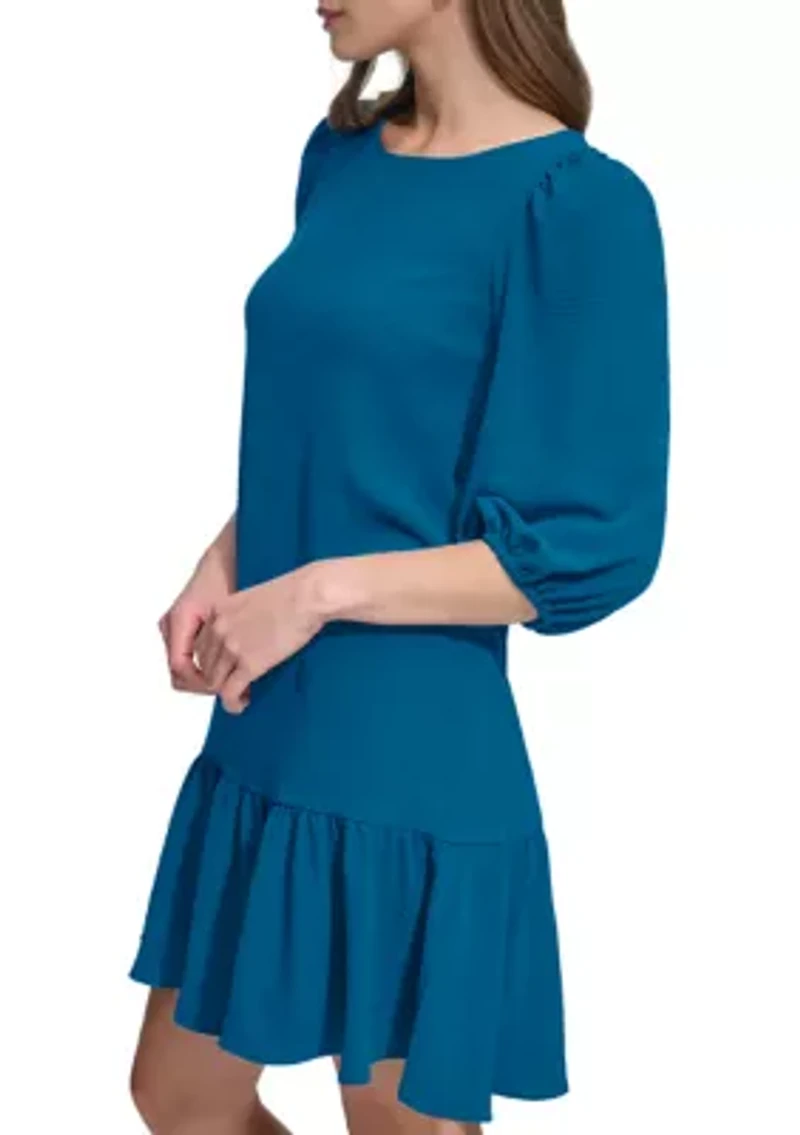 Women's 3/4 Sleeve Crew Neck Solid A-Line Dress