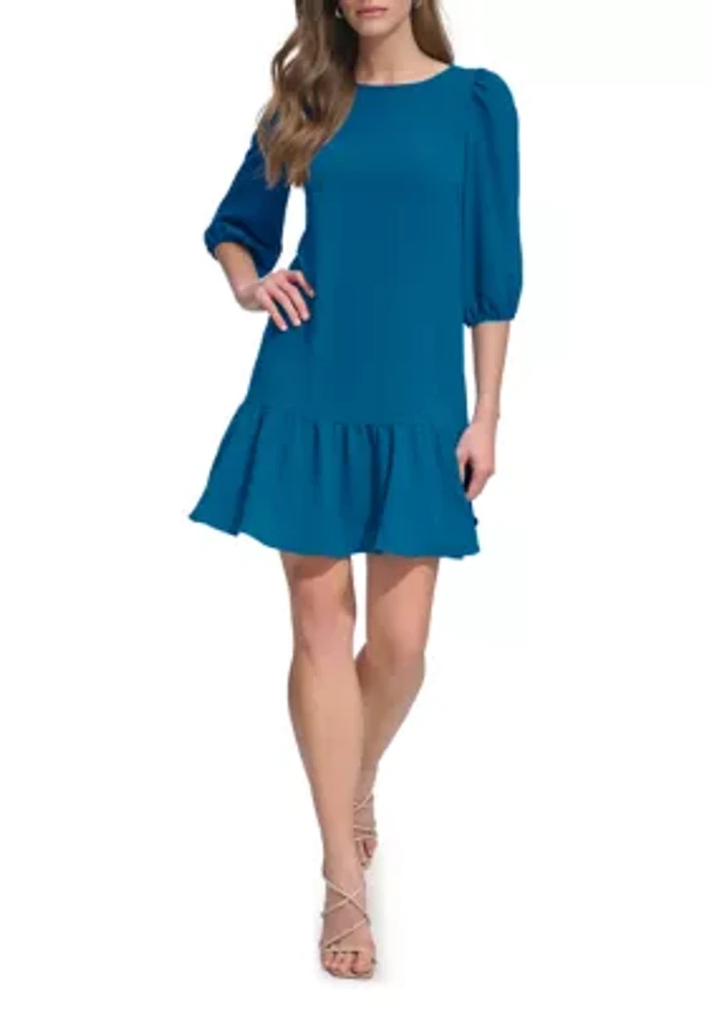 Women's 3/4 Sleeve Crew Neck Solid A-Line Dress