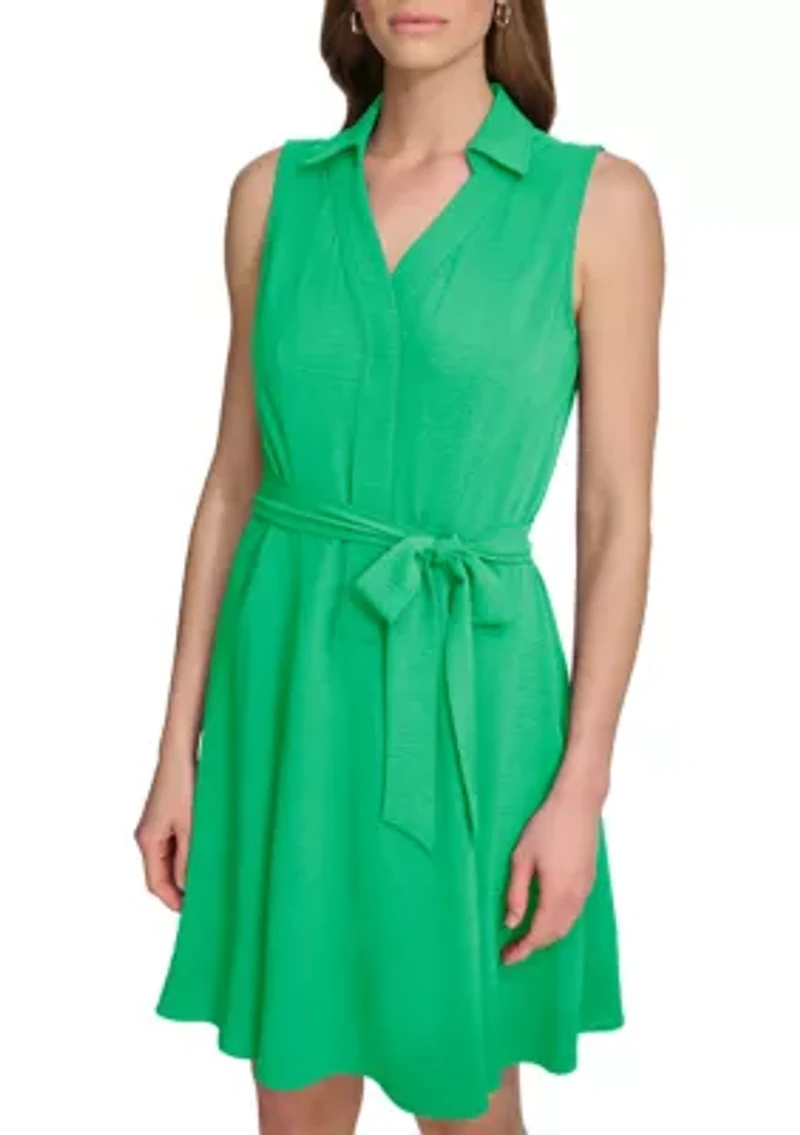 Women's Collared Solid Tie Waist A-Line Dress