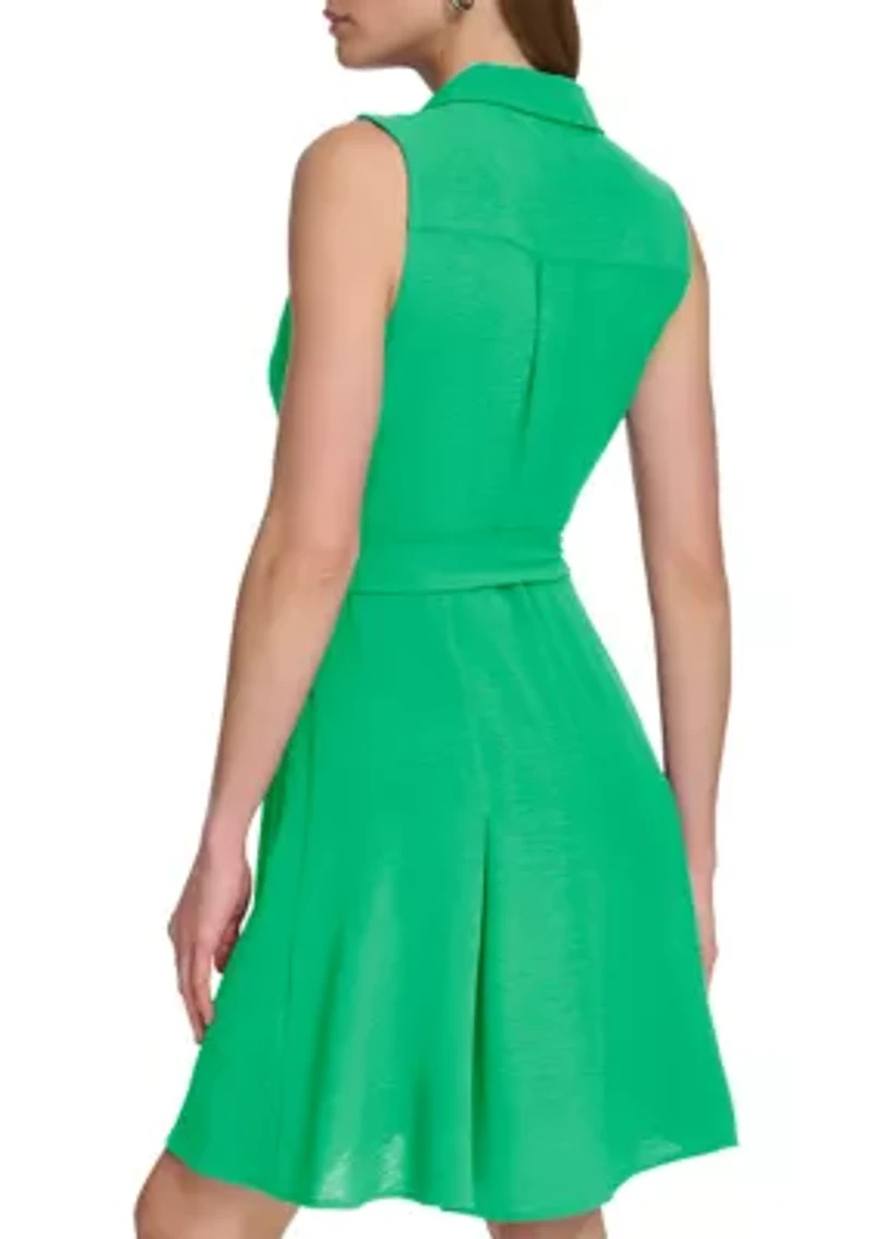 Women's Collared Solid Tie Waist A-Line Dress