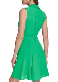 Women's Collared Solid Tie Waist A-Line Dress
