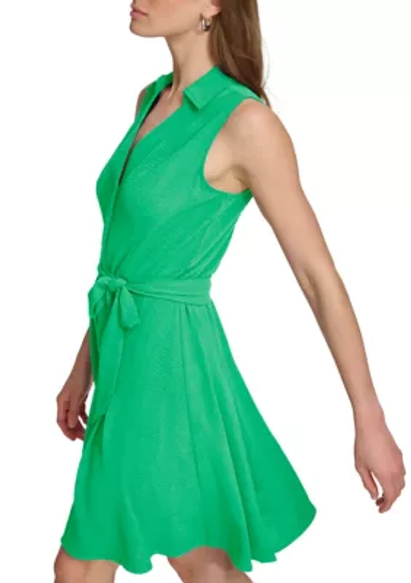 Women's Collared Solid Tie Waist A-Line Dress